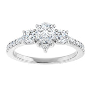 14k White Gold 1 CTW Pear-Shaped Diamond Three-Stone Ring with Pavé Band