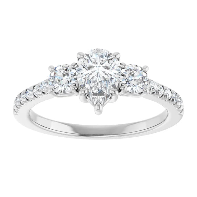 14k White Gold 1 CTW Pear-Shaped Diamond Three-Stone Ring with Pavé Band