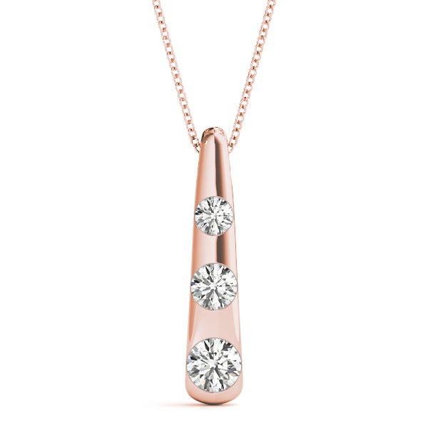 14K Rose Gold Round Diamond Three Stone Pendant