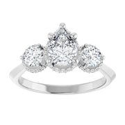14k White Gold 1 CTW Pear and Round Diamond Three-Stone Halo Ring