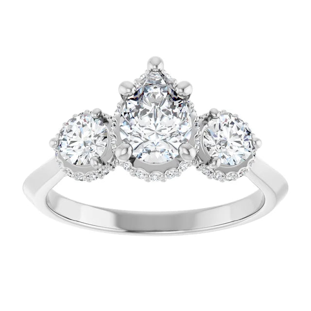 14k White Gold 1 CTW Pear and Round Diamond Three-Stone Halo Ring