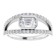 14k White Gold 5/8 CT Emerald-Cut Diamond Bezel Ring with Double Pavé Bands