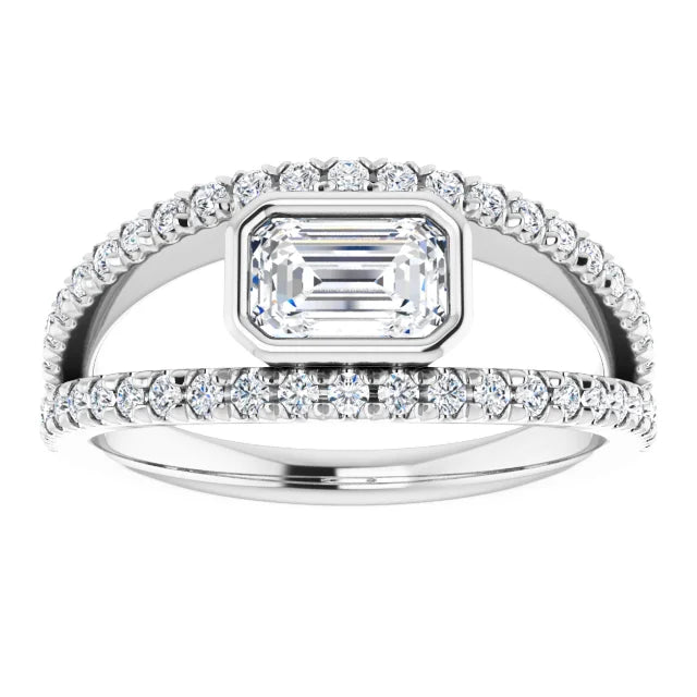 14k White Gold 5/8 CT Emerald-Cut Diamond Bezel Ring with Double Pavé Bands