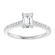 14k White Gold 1/5 CT Emerald-Cut Engagement Ring with Pavé Diamond Band