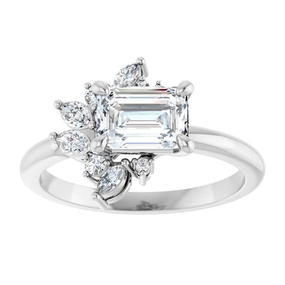14k White Gold 1 1/4 CT Emerald-Cut Diamond Ring with Asymmetric Cluster Accent