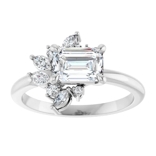 14k White Gold 1 1/4 CT Emerald-Cut Diamond Ring with Asymmetric Cluster Accent
