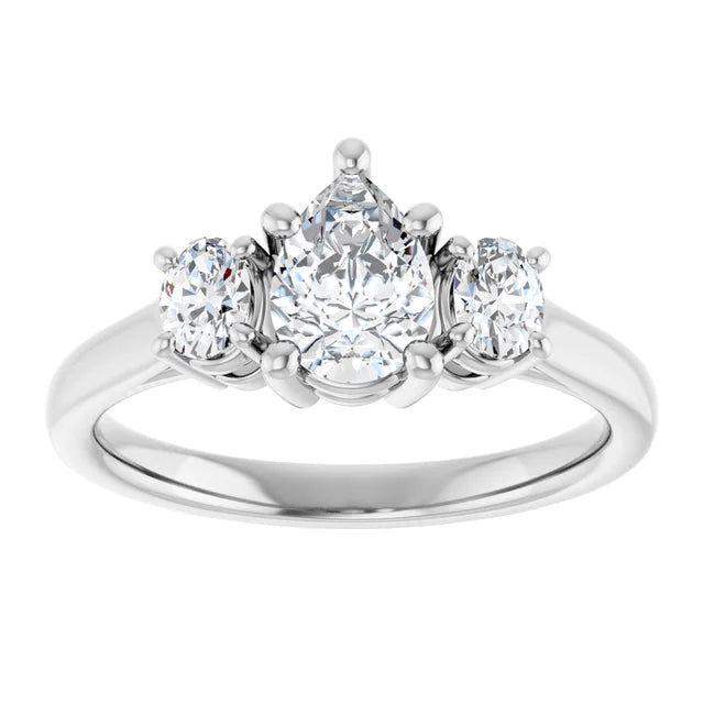 14k White Gold 3/4 CTW Pear and Oval Diamond Three-Stone Ring