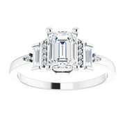 14k White Gold 1 1/4 CT Emerald-Cut Diamond Ring with Tapered Baguette and Round Diamond Accents