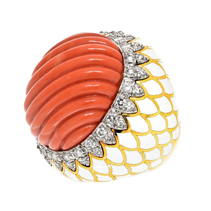 David Webb White Enamel, Fluted Coral Diamond Ring