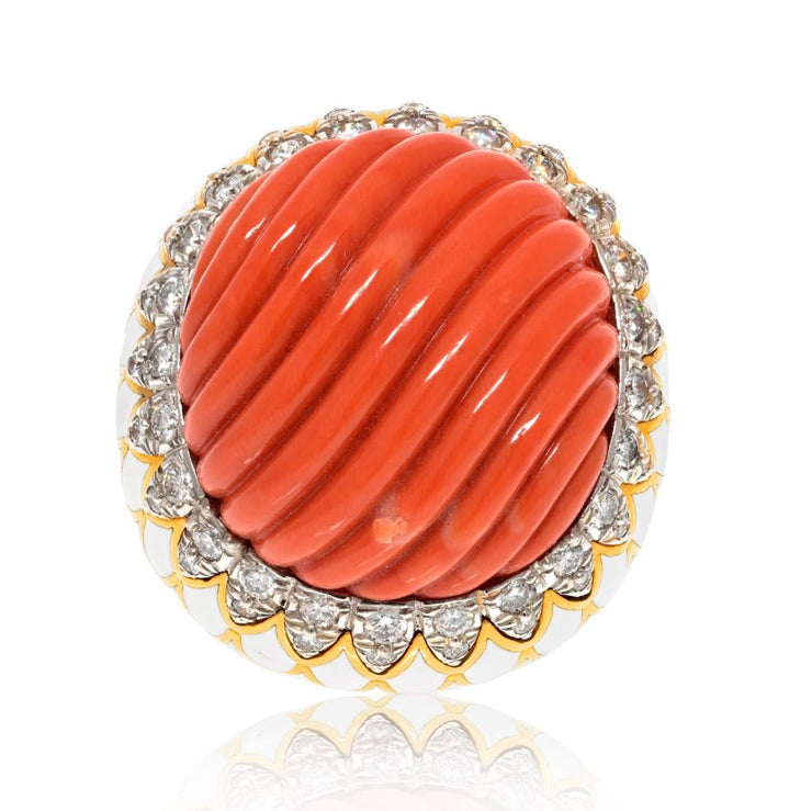 David Webb White Enamel, Fluted Coral Diamond Ring