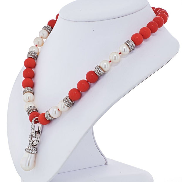 David Webb Platinum & 18K White Gold Coral, Diamond and Pearl bead Necklace