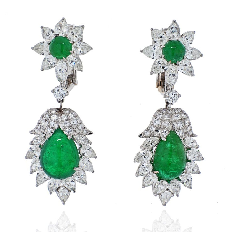 David Webb 1970's Emerald And Diamond Hanging Earrings