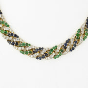 Cuban Link Diamond, Sapphire and Green Emerald Necklace