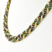 Cuban Link Diamond, Sapphire and Green Emerald Necklace