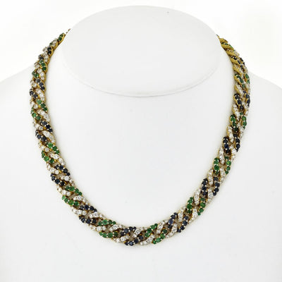 Cuban Link Diamond, Sapphire and Green Emerald Necklace