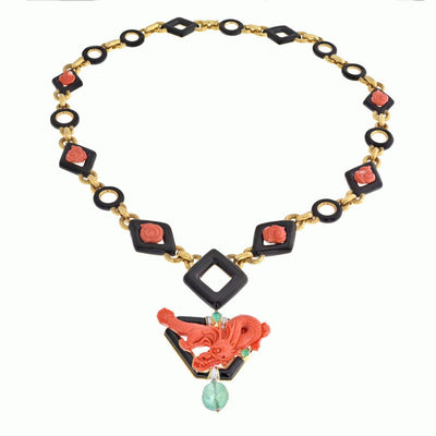 David Webb Platinum and 18k Yellow Gold Coral Garden Carved Green Emerald Necklace