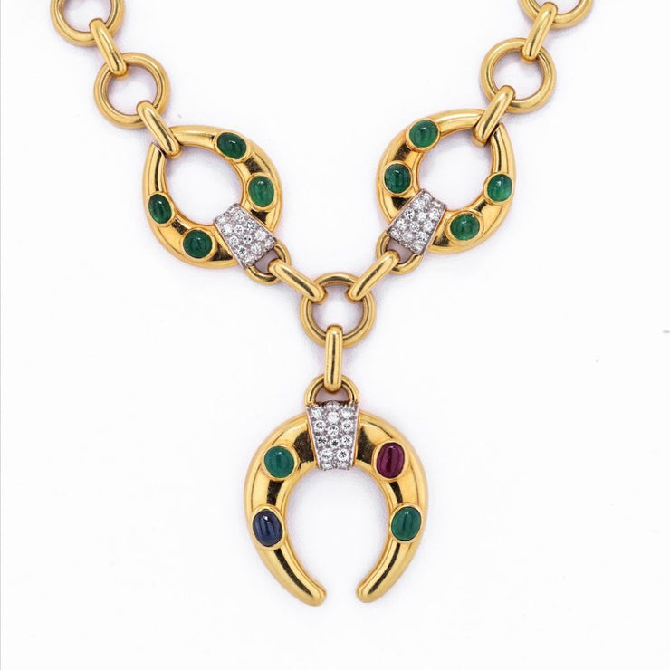 David Webb Celtic Crescent Emerald, Ruby Diamond Chain Necklace