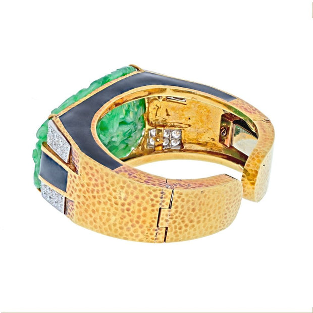 David Webb Platinum & 18k Yellow Gold Carved Jade Cuff Bracelet