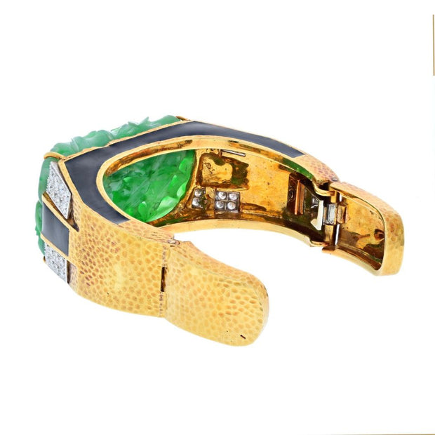 David Webb Platinum & 18k Yellow Gold Carved Jade Cuff Bracelet