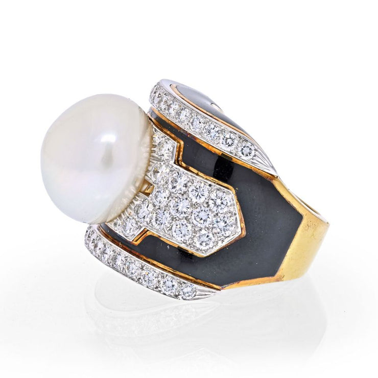 David Webb Pearl, Diamond And Black Enamel Ring