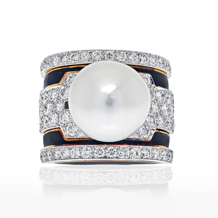 David Webb Pearl, Diamond And Black Enamel Ring