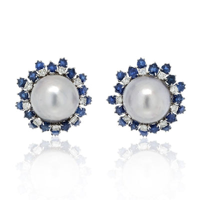 David Webb Sapphire, Diamond and Pearl Earrings