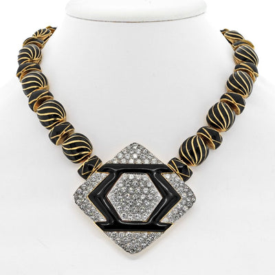 David Webb Platinum Manhattan Minimalism Onyx, Diamond, Black Enamel Necklace