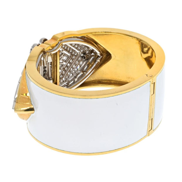 David Webb Platinum & 18K yellow Gold White Enamel Shield Diamonds Cliff Cuff Bracelet