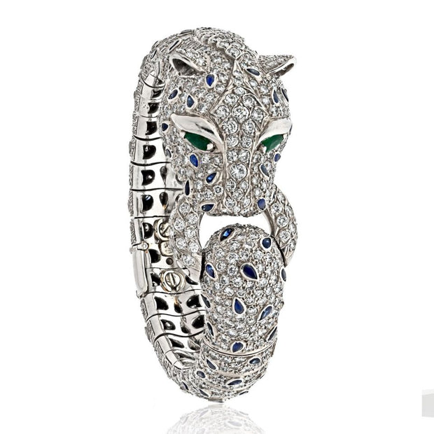Platinum 40ct Diamond and Sapphire Estate Panther Bracelet