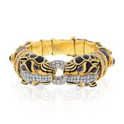 David Webb Platinum & 18k Yellow Gold Double line Black Enamel Sapphire Eyes Diamond Bracelet