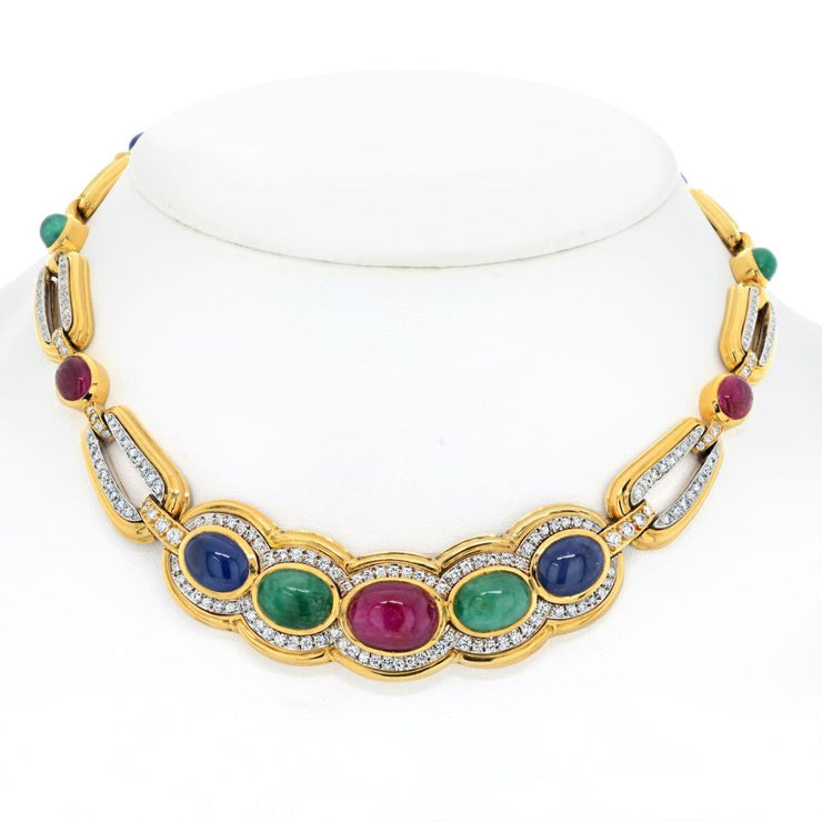 David Webb Cabochon Cut Sapphire, Ruby And Emerald Necklace