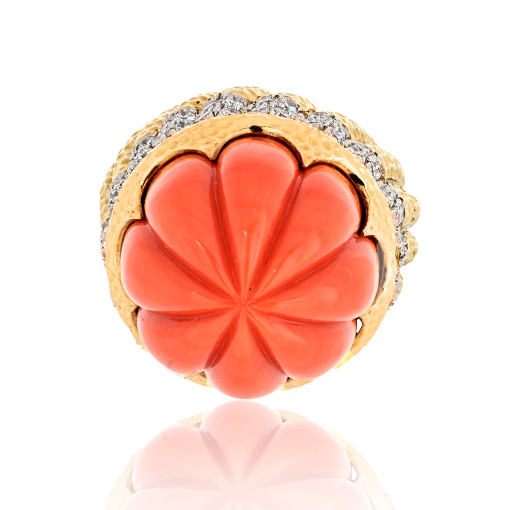 David Webb Carved Coral Diamond Rim Ring