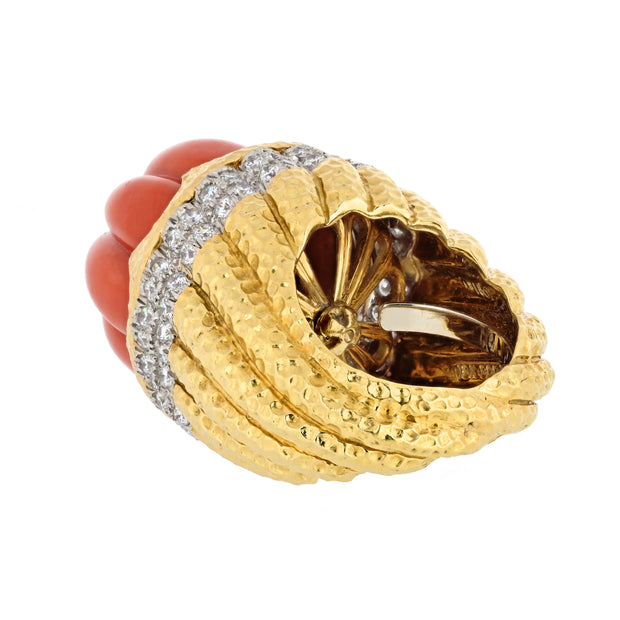 David Webb Carved Coral Diamond Rim Ring