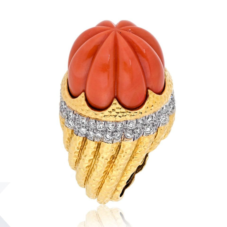 David Webb Carved Coral Diamond Rim Ring