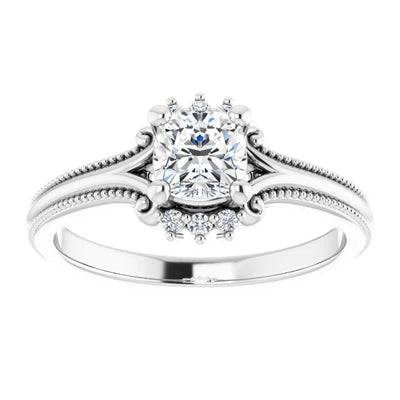 14K White Gold 5/8 CTW Cushion Diamond Engagement Ring with Milgrain and Accent Details