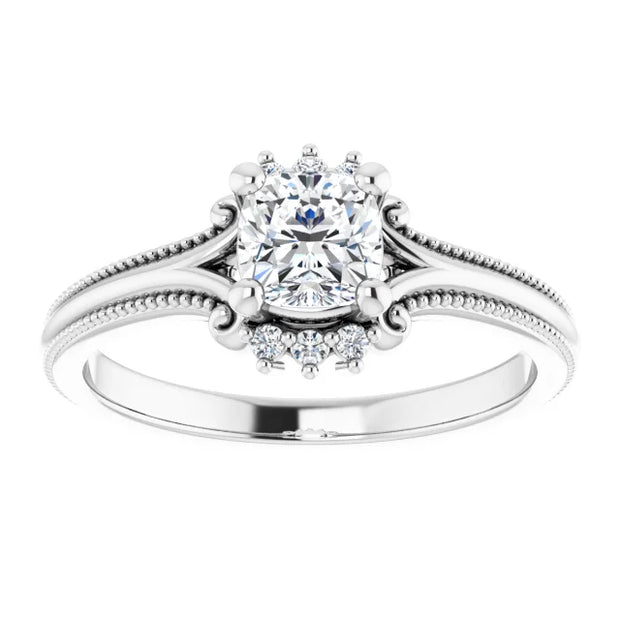 14K White Gold 5/8 CTW Cushion Diamond Engagement Ring with Milgrain and Accent Details