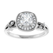 14K White Gold 3/4 CTW Cushion Diamond Halo Engagement Ring with Vintage Leaf Accents