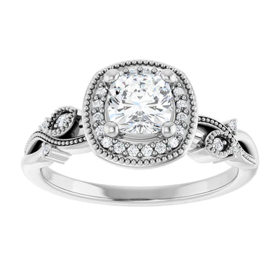 14K White Gold 3/4 CTW Cushion Diamond Halo Engagement Ring with Vintage Leaf Accents