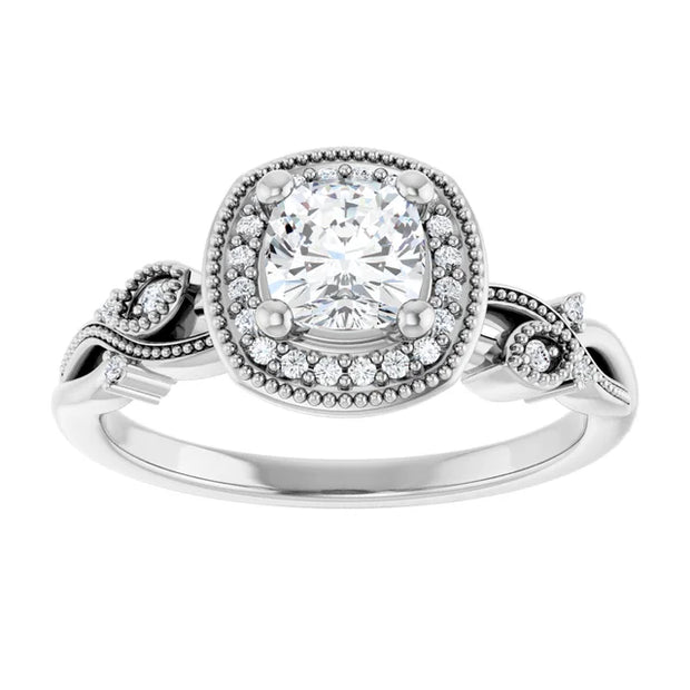 14K White Gold 3/4 CTW Cushion Diamond Halo Engagement Ring with Vintage Leaf Accents