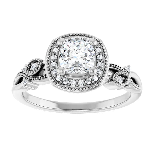 14K White Gold 3/4 CTW Cushion Diamond Halo Engagement Ring with Vintage Leaf Accents