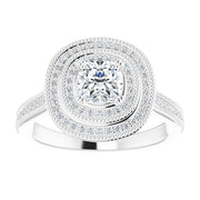 14K White Gold 7/8 CTW Cushion Diamond Double Halo Engagement Ring with Split Shank