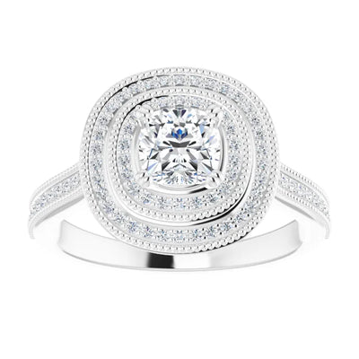 14K White Gold 7/8 CTW Cushion Diamond Double Halo Engagement Ring with Split Shank