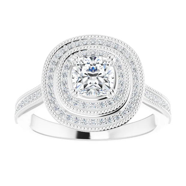 14K White Gold 7/8 CTW Cushion Diamond Double Halo Engagement Ring with Split Shank