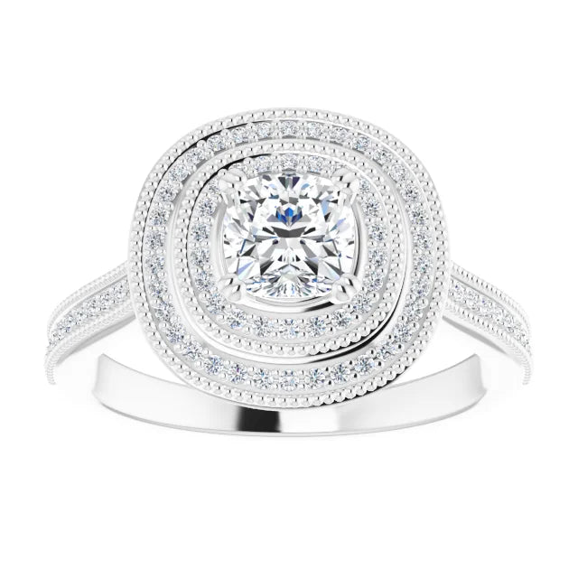 14K White Gold 7/8 CTW Cushion Diamond Double Halo Engagement Ring with Split Shank