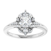 14K White Gold 7/8 CTW Cushion Diamond Floral Halo Engagement Ring