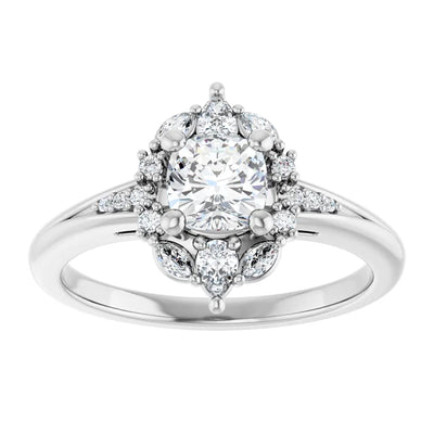 14K White Gold 7/8 CTW Cushion Diamond Floral Halo Engagement Ring