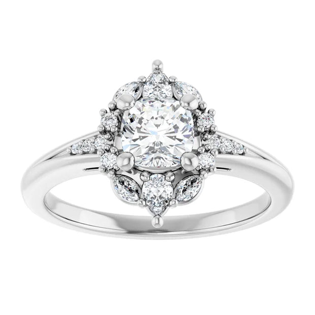 14K White Gold 7/8 CTW Cushion Diamond Floral Halo Engagement Ring