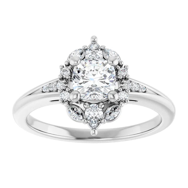 14K White Gold 7/8 CTW Cushion Diamond Floral Halo Engagement Ring