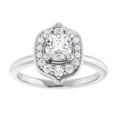 14K White Gold 7/8 CTW Cushion Diamond Halo Engagement Ring with Shield-Inspired Design