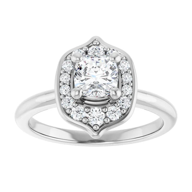 14K White Gold 7/8 CTW Cushion Diamond Halo Engagement Ring with Shield-Inspired Design